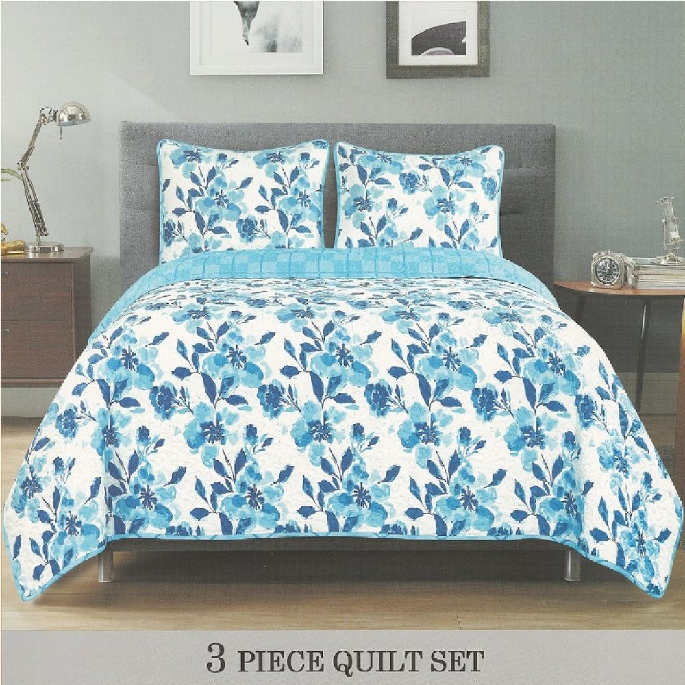 3 Piece Quilted Bedspread Set - Blue Floral Full/Queen & King Size